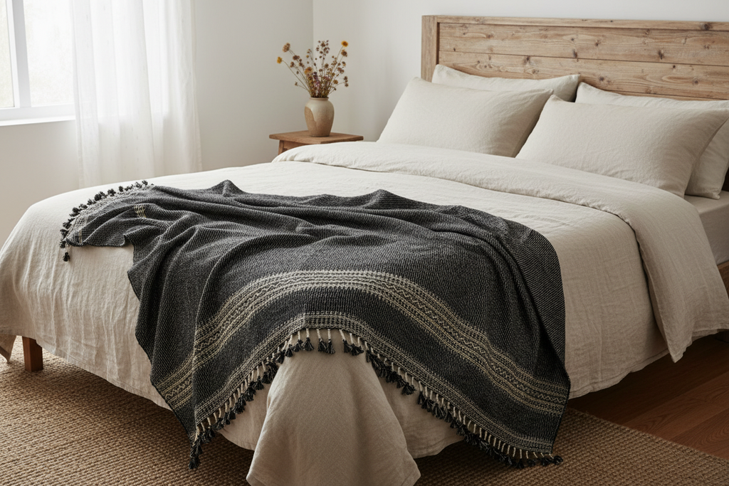 Bhujodi Handwoven Wool Textured Throw Black