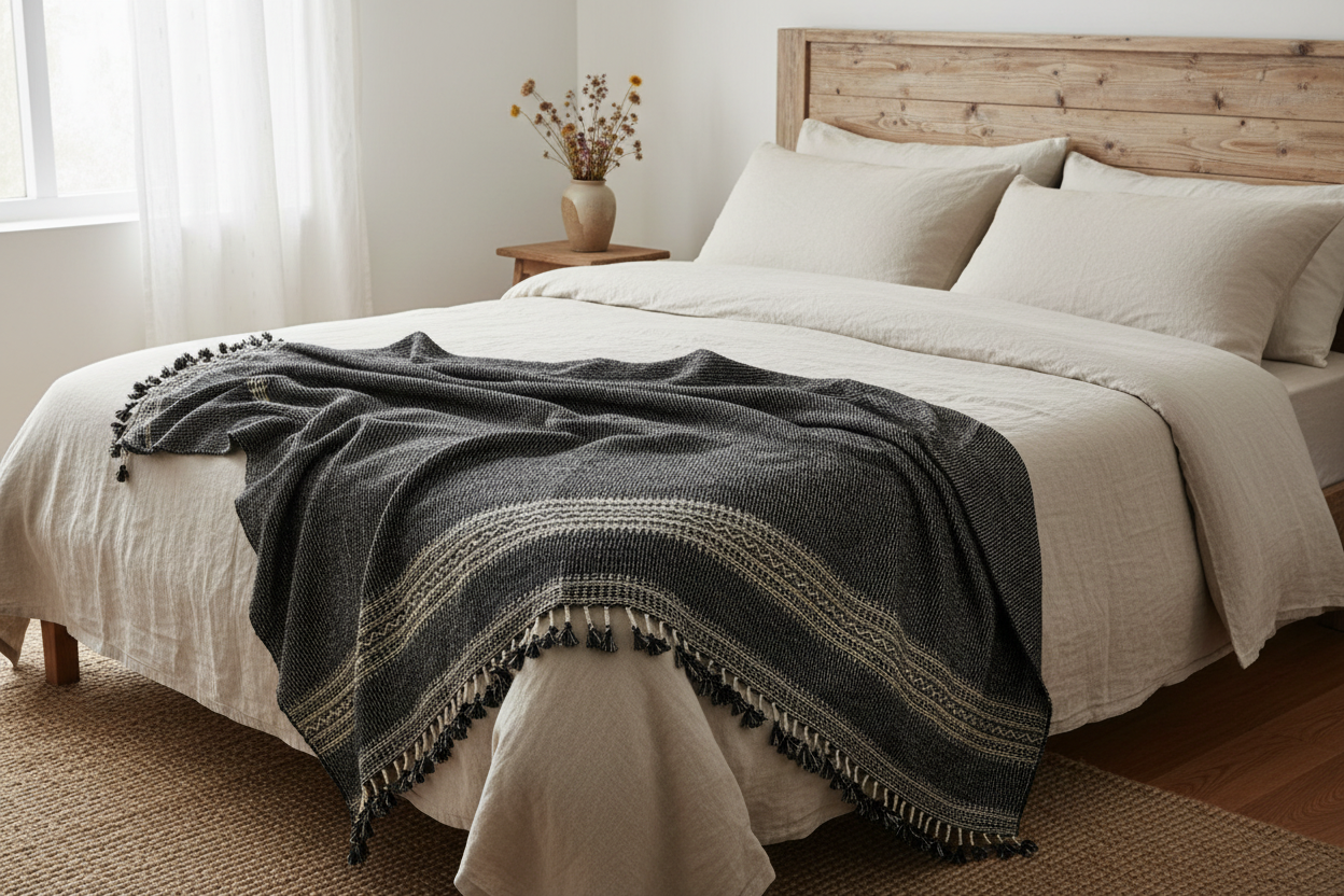 Bhujodi Handwoven Wool Textured Throw Black