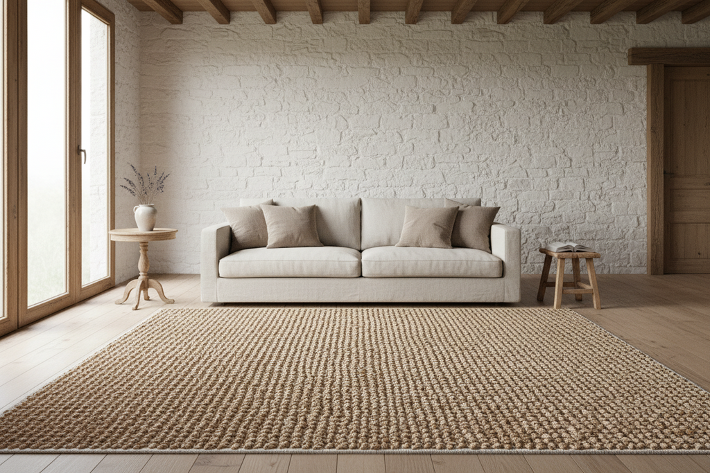 Textured beige rug on a white background