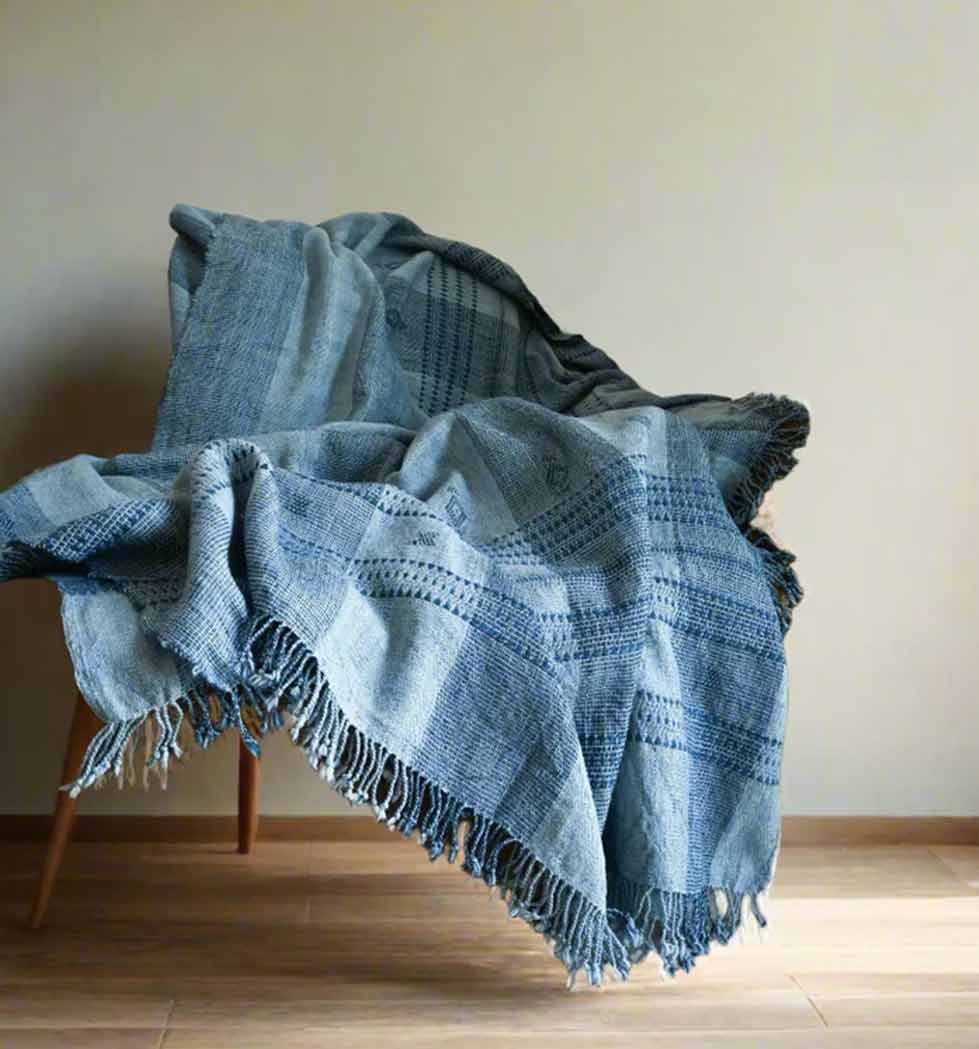 Handwoven Vintage Bhujodi Bed Throw -Slate Blue - 54" x 102" Handloom Throws