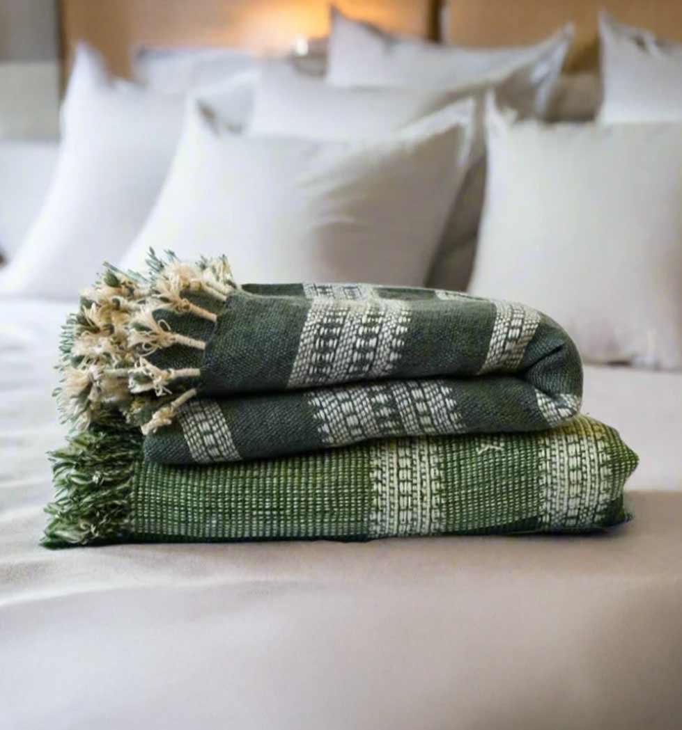 Handwoven Vintage Bhujodi Bed Throw -Muted Green - 50" x 90"