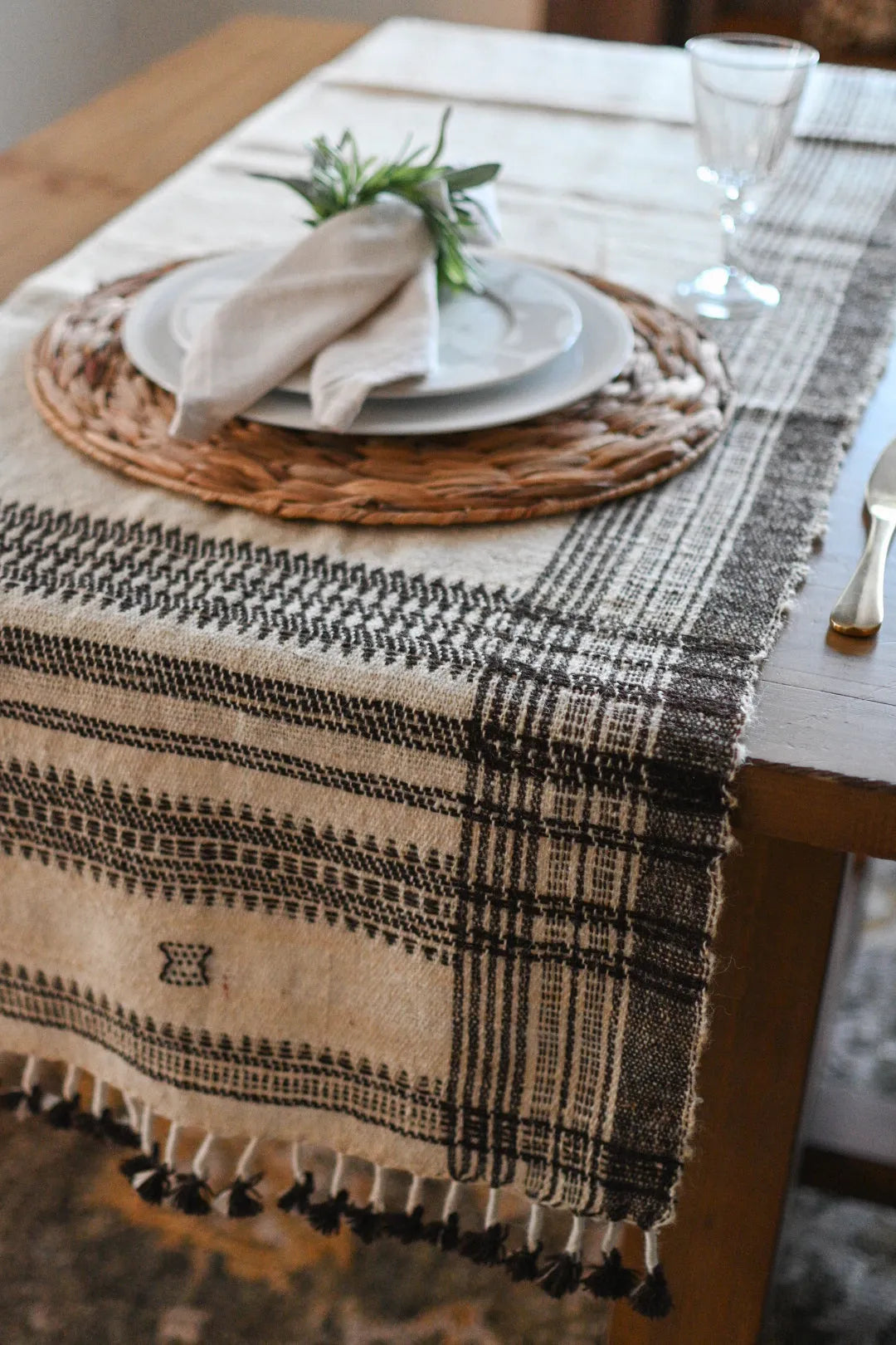 Bhujodi Table Runner - Brown and Cream - Maple Village Lane