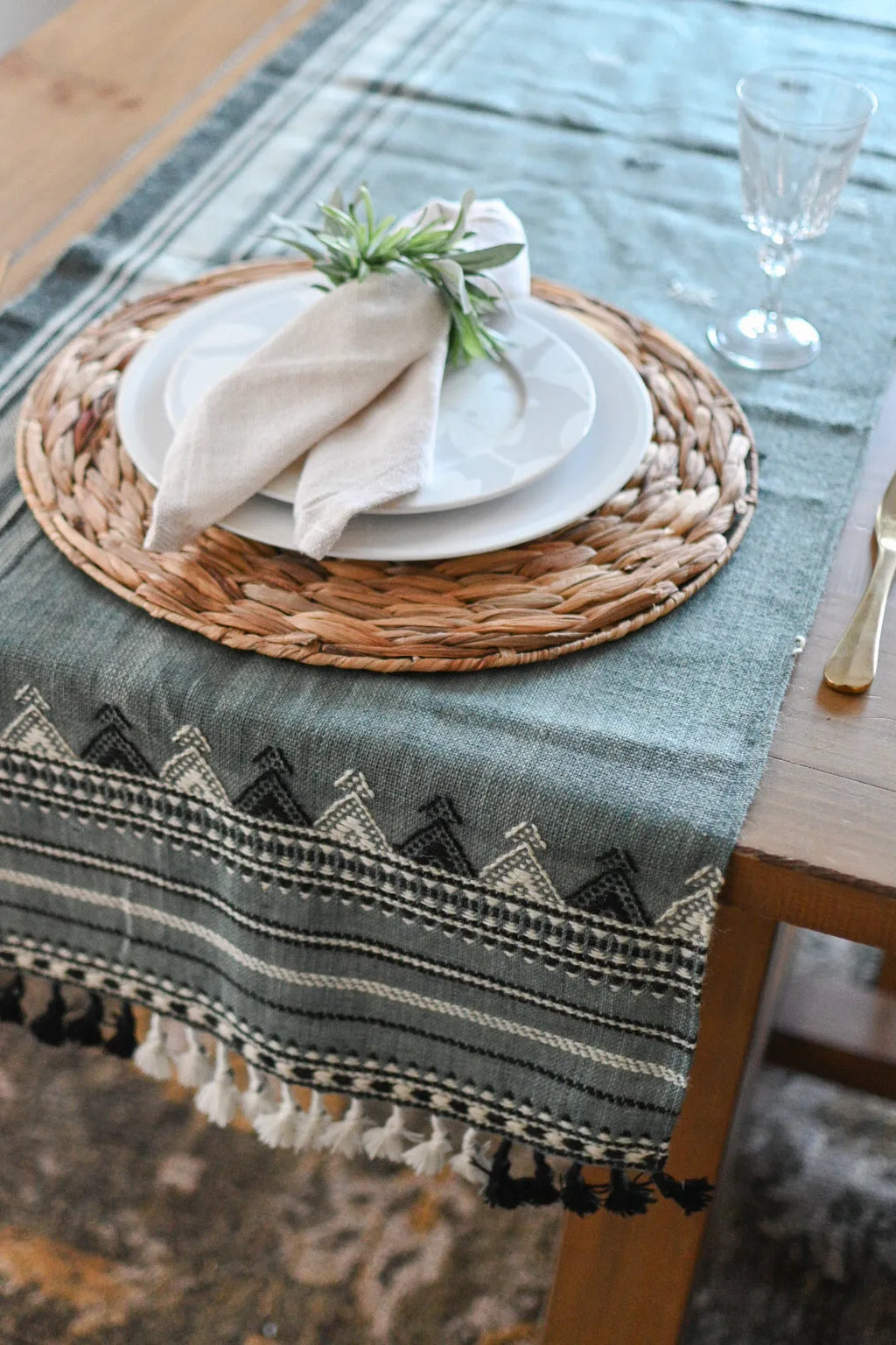 Bhujodi Table Runner - Blue Gray/Multicolor - Maple Village Lane
