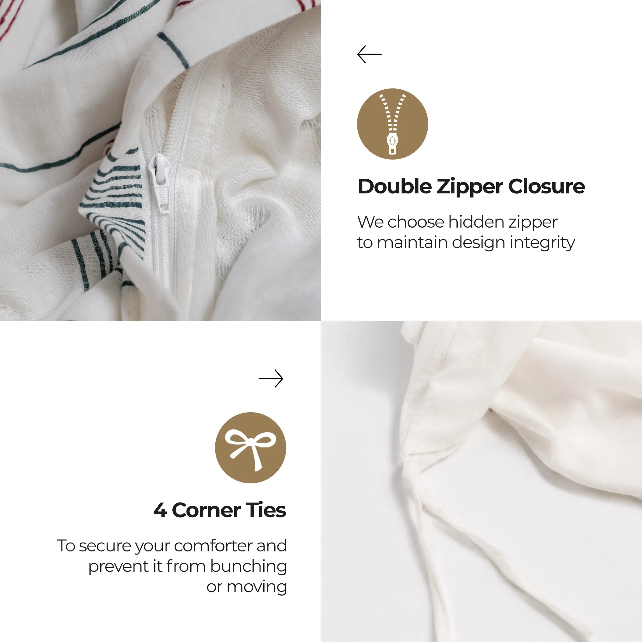 Product image with double zipper closure and 4 corner ties features.