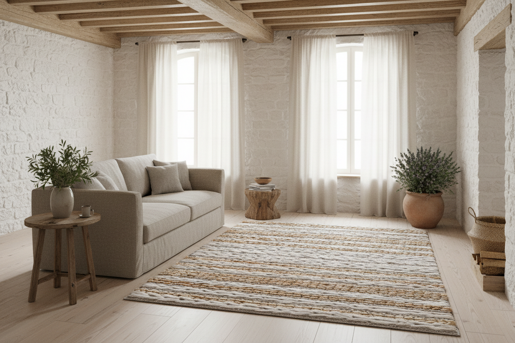 Textured area rug with horizontal stripes on a white background
