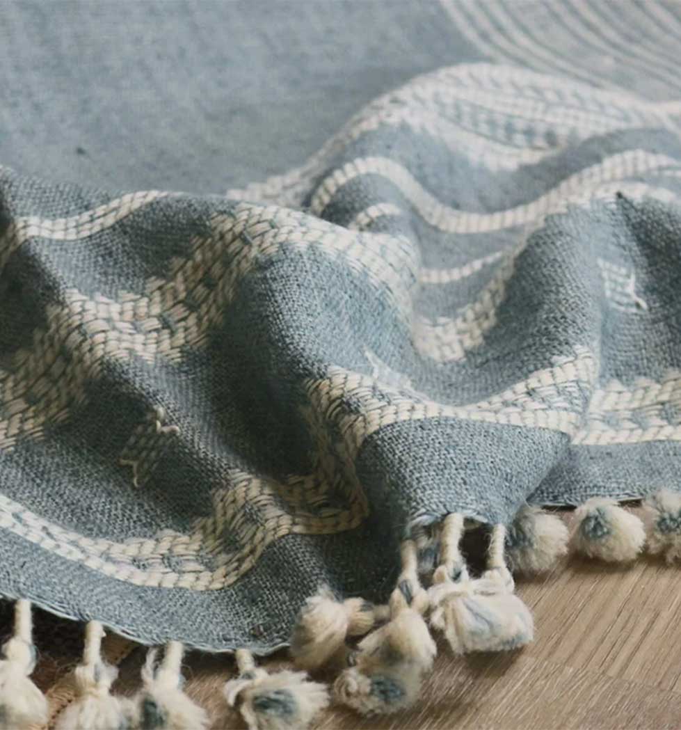 Handwoven Vintage Bhujodi Throw -  Washed Blue - 40" X 90"