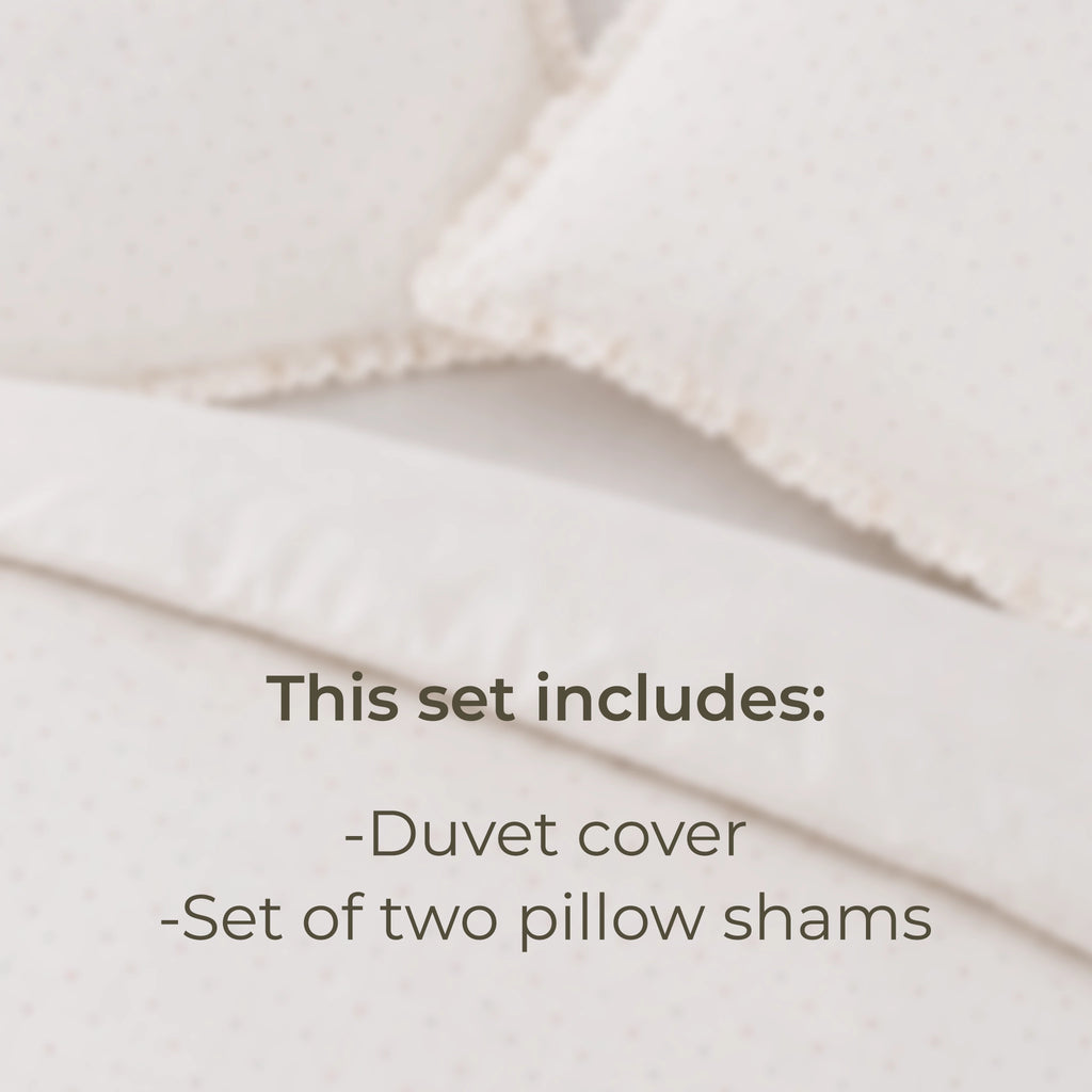 Text overlay on a blurred image of a duvet cover and pillow shams.