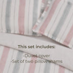 Striped duvet cover and pillow shams with text indicating included items.