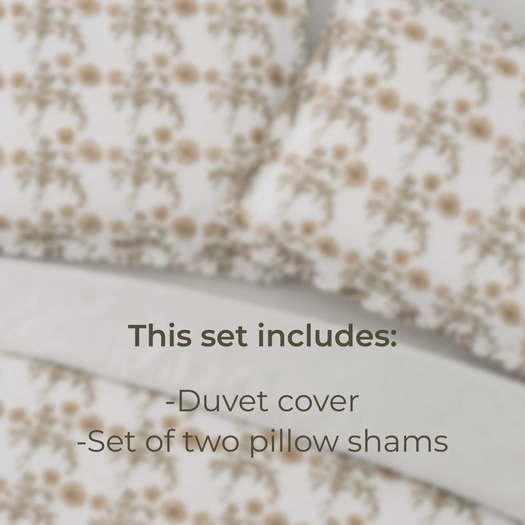 Floral patterned duvet cover and pillow shams with text indicating included items.
