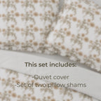 Floral patterned duvet cover and pillow shams with text indicating included items.