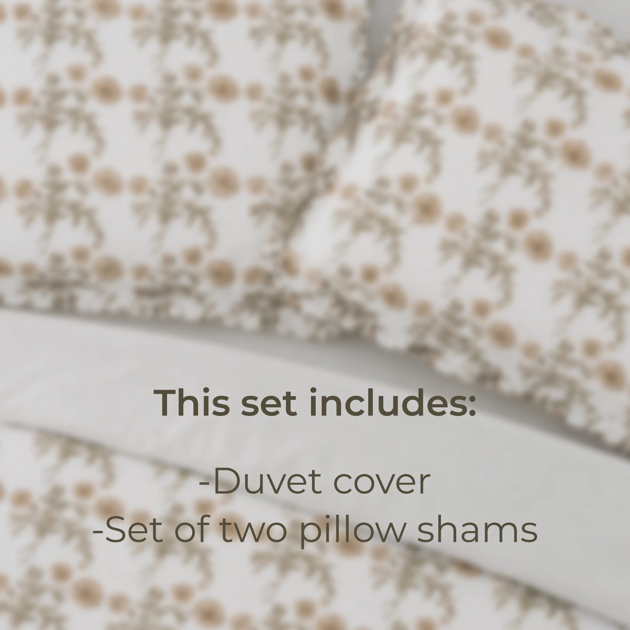 Floral patterned duvet cover and pillow shams with text indicating included items.