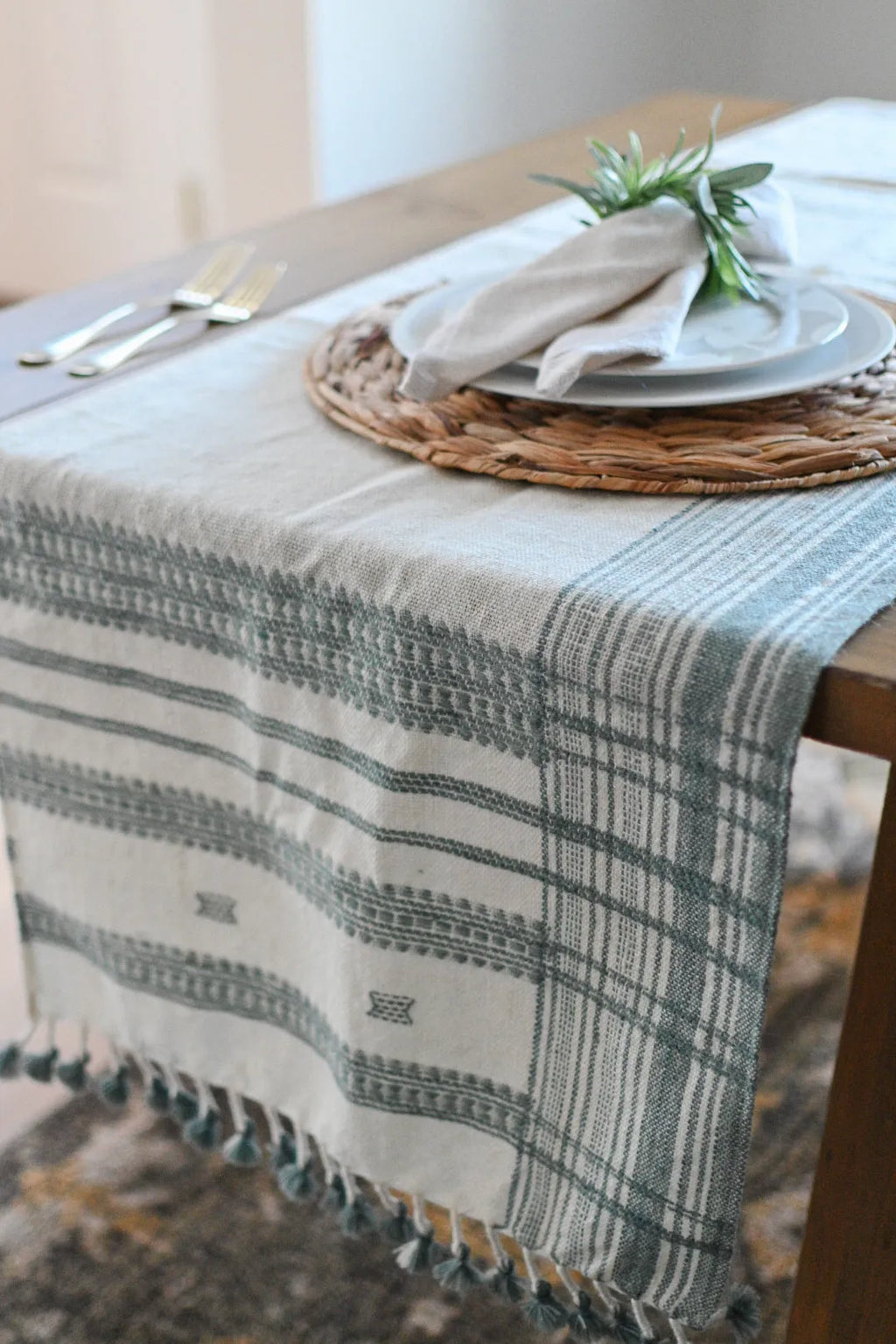 Bhujodi Table Runner - Blue and Cream - Maple Village Lane