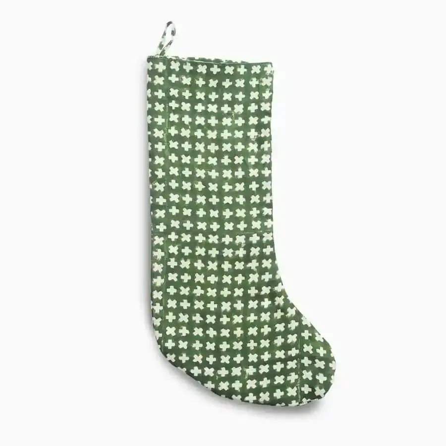 Hand-Block Printed Green Holiday Stocking Stockings