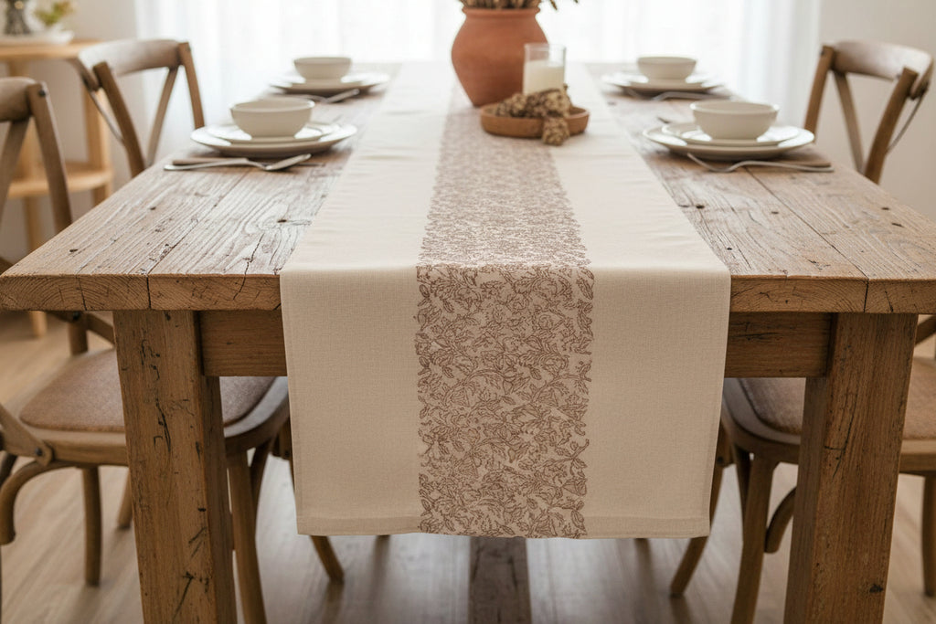Hand Block Print Table Runner – Natural Beige, Blush & Chestnut
