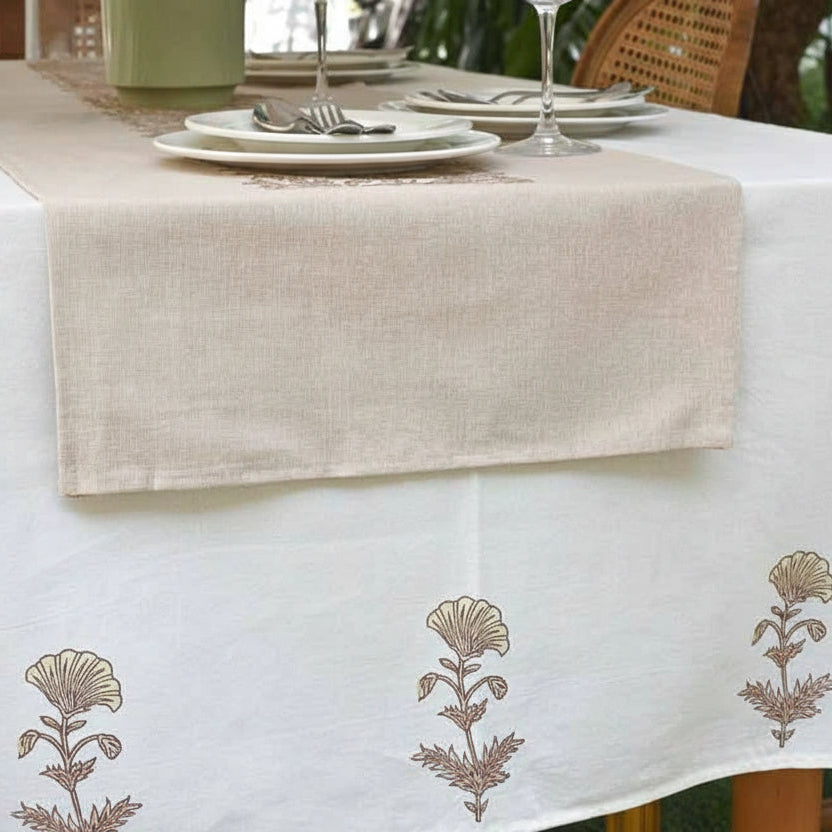 Hand Block Print Table Runner – Natural Beige, Blush & Chestnut