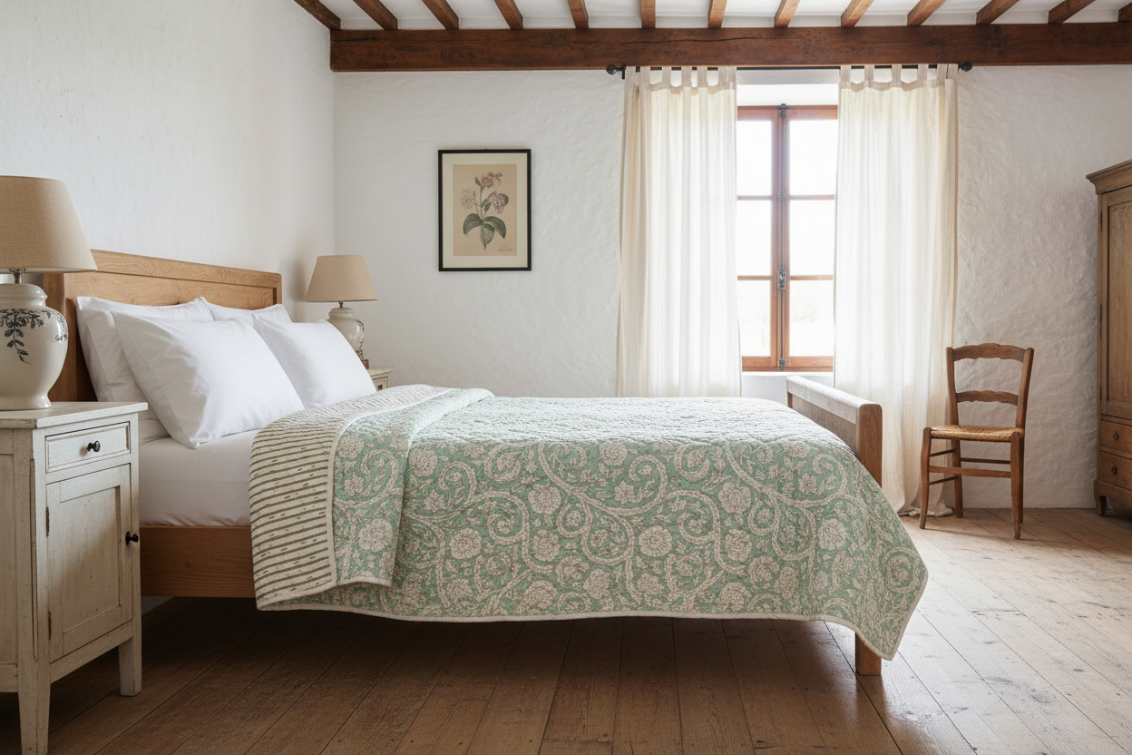 Bedroom with wooden bed, nightstands, and a window with curtains.