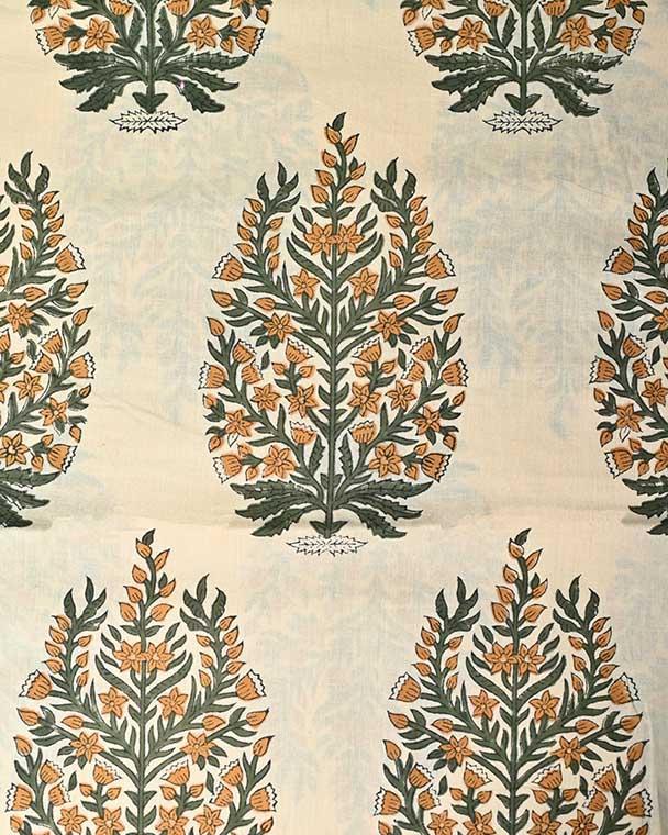 Ziva Cotton Block Print Fabric Yard Green Mustard Beige Cotton Fabric