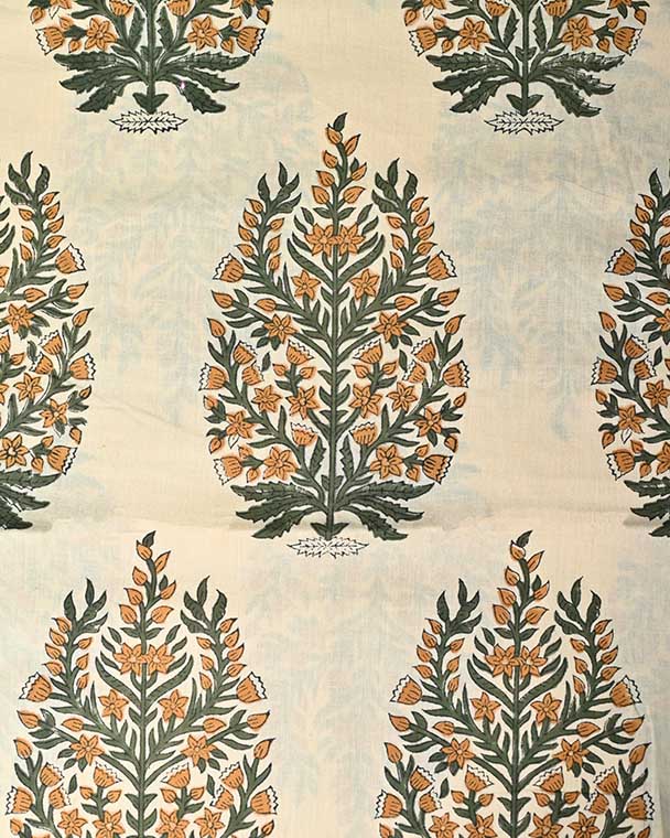 Ziva Cotton Block Print Fabric Yard Green Mustard Beige Cotton Fabric