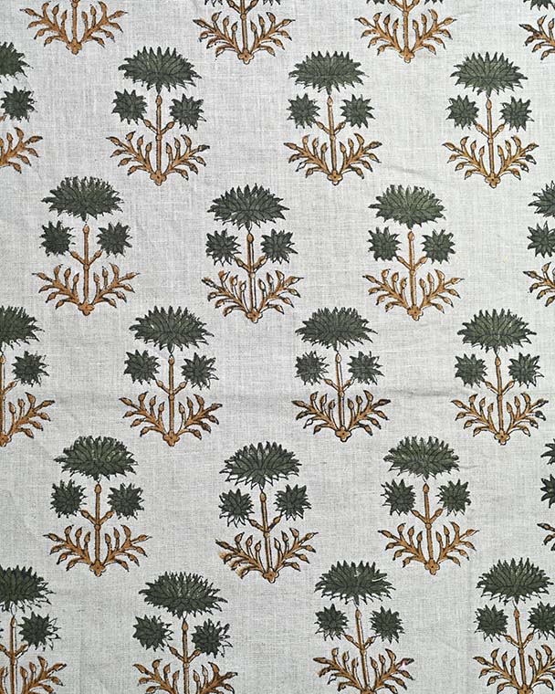 Sandra Hand-Block Printed Linen Fabric Green-Mustard Linen Fabric