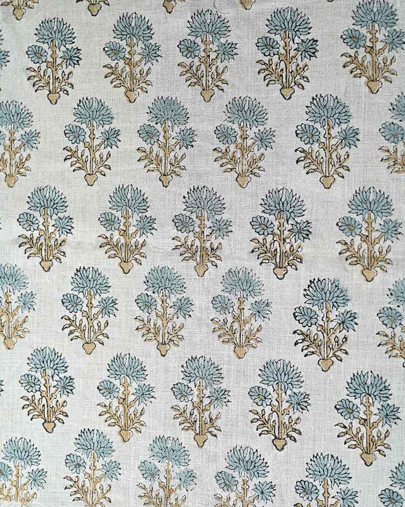 Sandra Hand-Block Printed Linen Fabric Blue-Mustard Linen Fabric