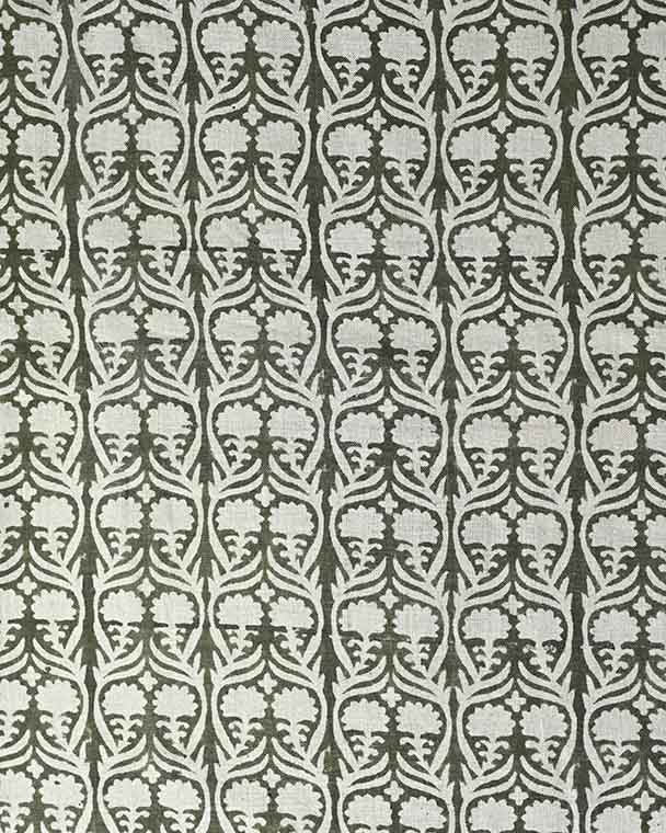 Henderson Floral Block Printed Linen Fabric Green Linen Fabric