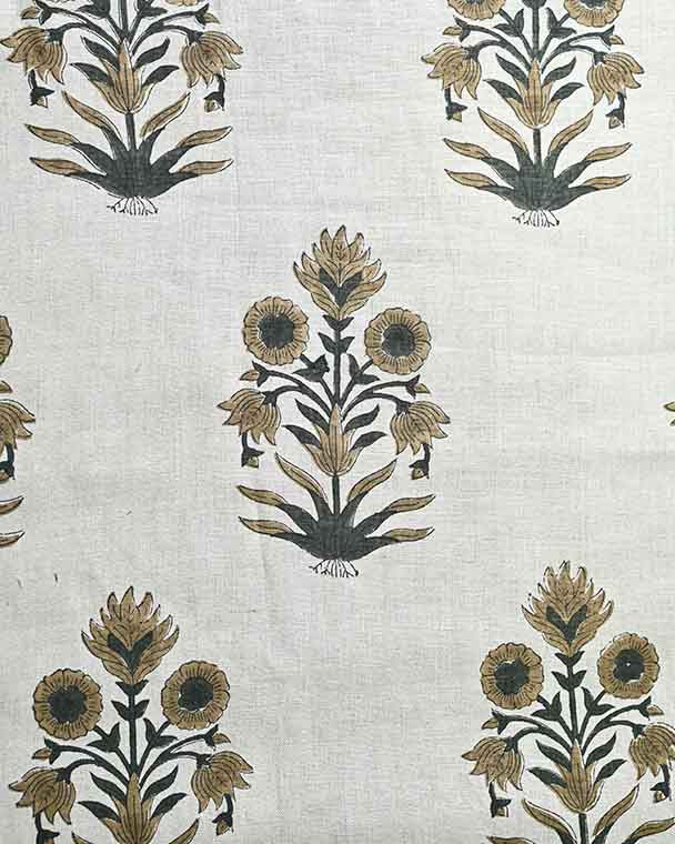 Marigold Hand Block Printed Linen Olive Green Dark Green Black Beige Linen Fabric