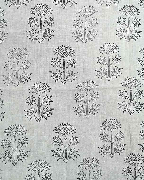 Sylvia Hand Block Printed Linen Fabric White-Grey Linen Fabric