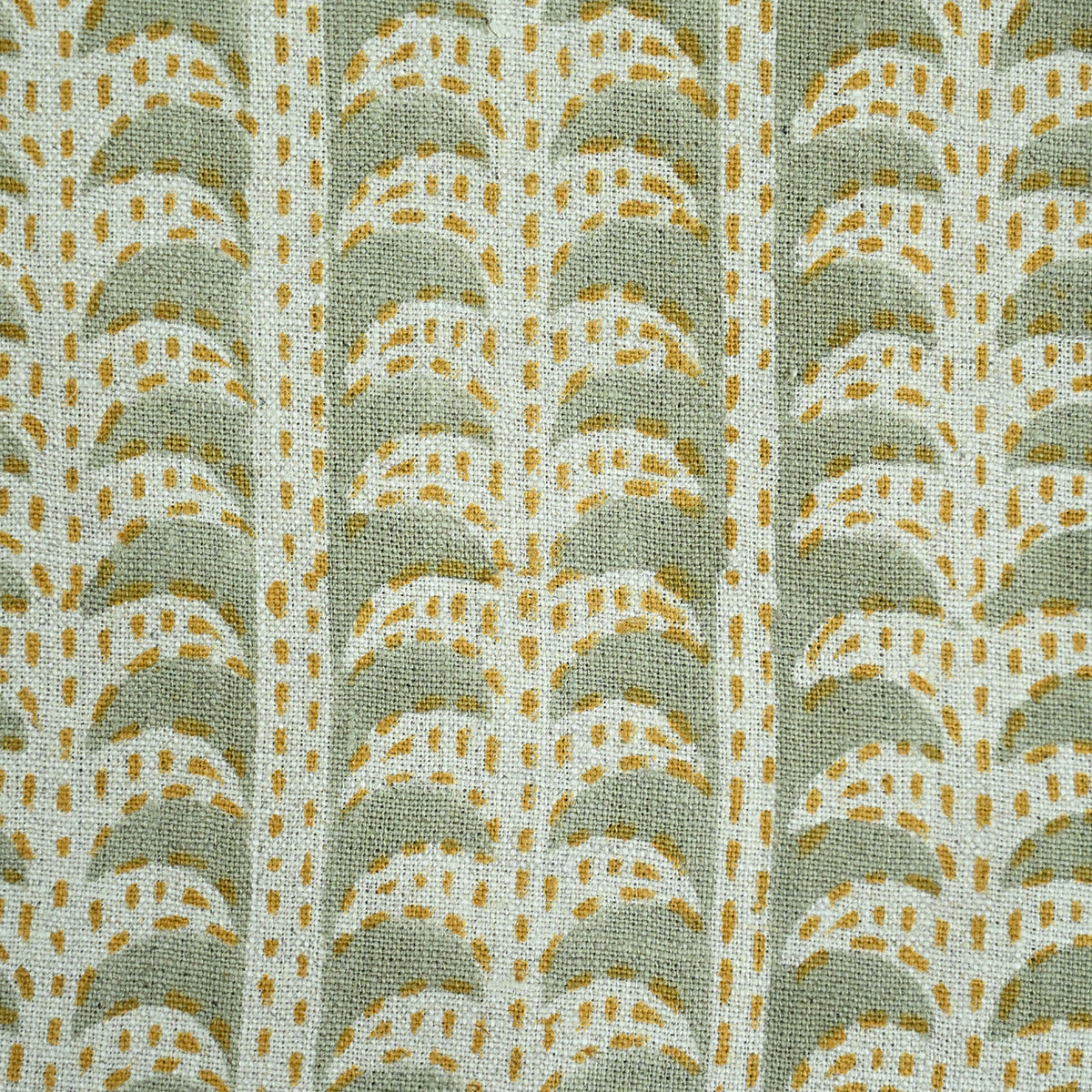 Dixie Hand Block Print Linen Fabric Swatch Green Mustard Beige Linen Fabric
