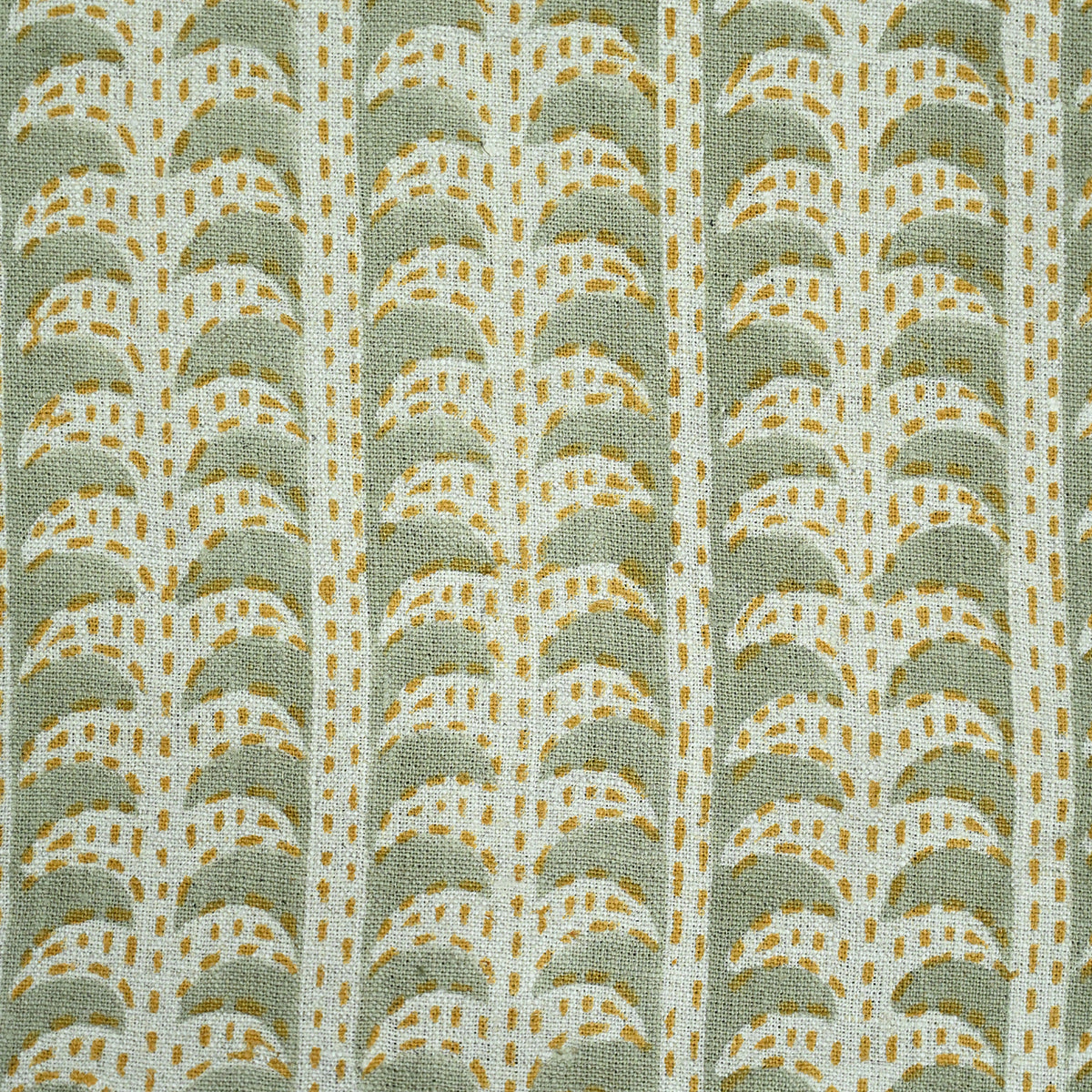 Dixie Hand Block Print Linen Fabric Yard Green Mustard Beige Linen Fabric
