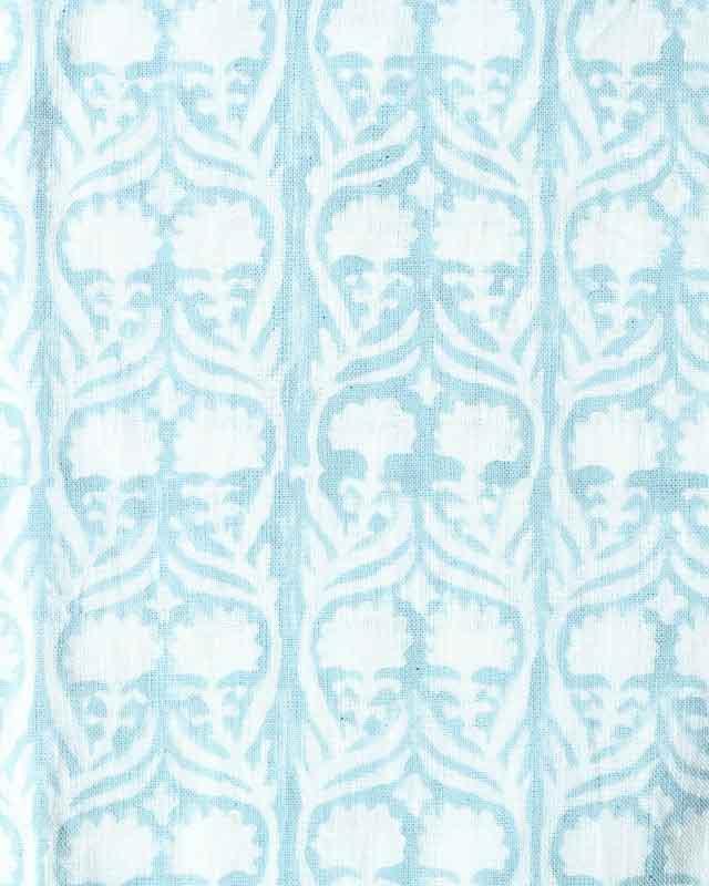 Henderson Floral Block Printed Linen Fabric Light Blue Linen Fabric