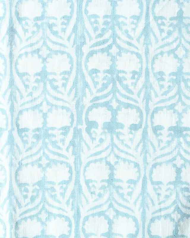 Henderson Floral Block Printed Linen Fabric Light Blue Linen Fabric