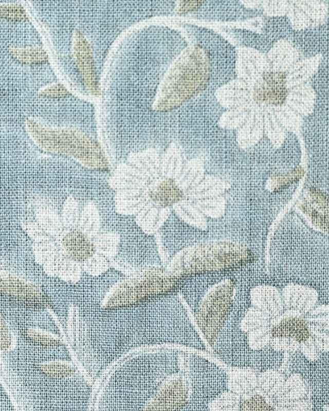 Vera Printed Linen Fabric Lagoon & Olive Green Linen Fabric