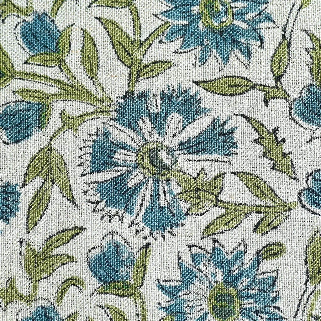 Veronica Hand Block Printed Linen Fabric Swatch – Oxford Blue and Meadow Green