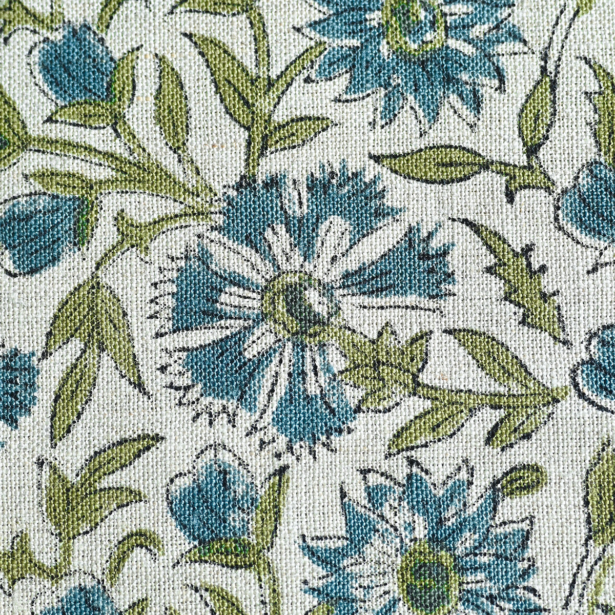 Veronica Hand Block Printed Linen Fabric Swatch Oxford Blue and Meadow Green Linen Fabric