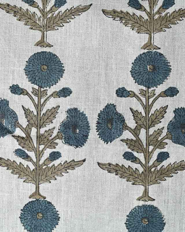Nikita Hand Block Printed Linen Fabric Natural Linen and Oxford Blue Linen Fabric