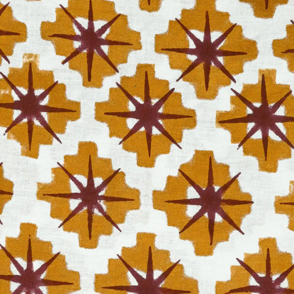 Hillary Hand Block Print Linen Yard Mustard Red Linen Fabric