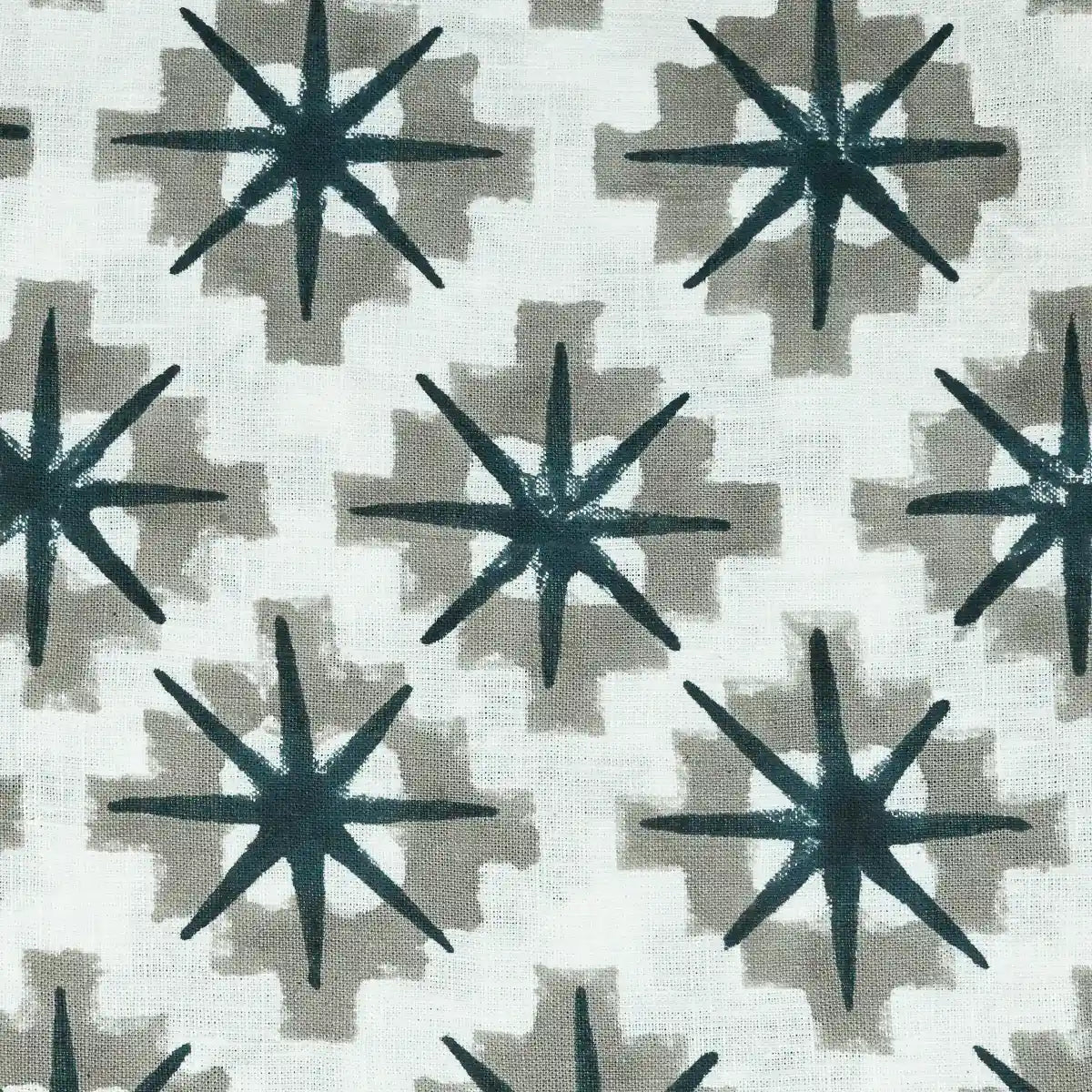 Hillary Hand Block Print Linen Yard Teal and Grey Linen Fabric