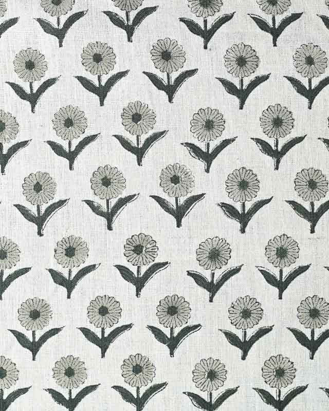 Alexis Hand Block Printed Upholstery Linen Beige and Forest Green Linen Fabric