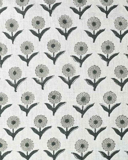 Alexis Hand Block Printed Upholstery Linen Beige and Forest Green Linen Fabric