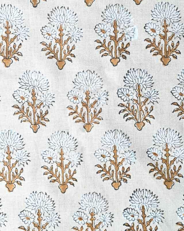 Sandra Hand-Block Printed Linen Fabric White-Brown Linen Fabric