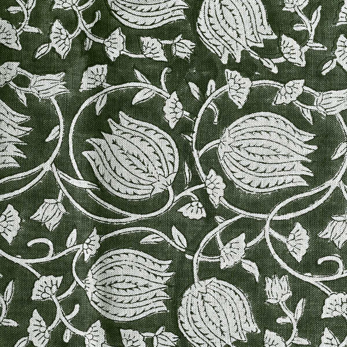 Vivienne Block Print Upholstery Linen Fabric Yard Forest Green and Warm White Linen Fabric