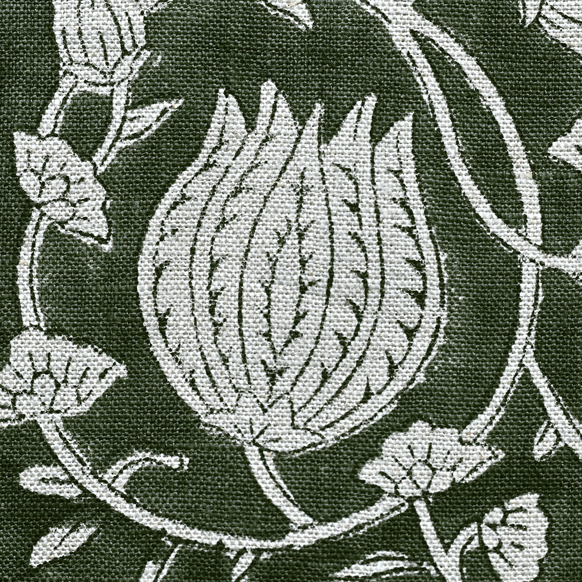 Vivienne Block Print Upholstery Linen Fabric Swatch Forest Green and Warm White Linen Fabric