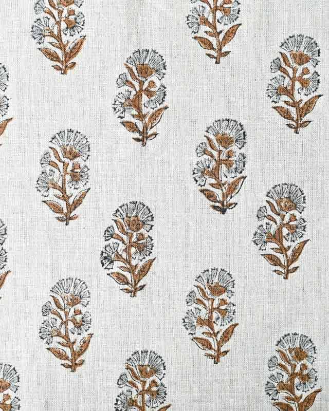 Thorian Block Printed Handloom Linen Warm White and Saddle Brown Linen Fabric