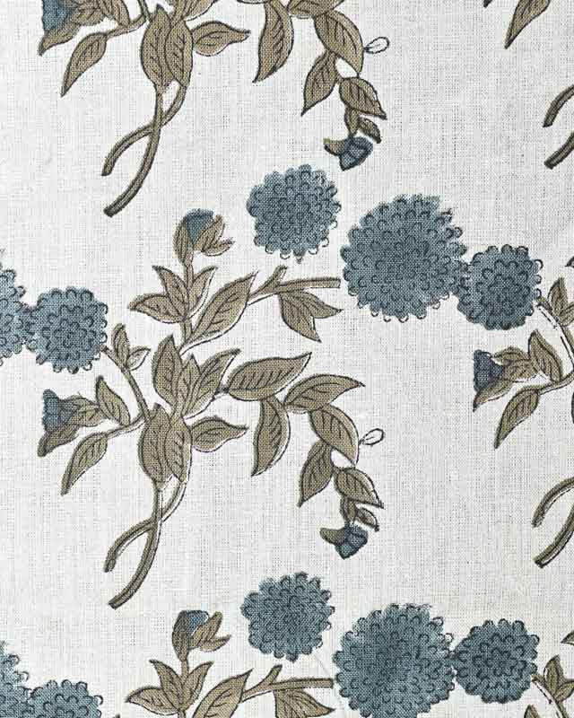 Lily Hand Printed Linen Fabric Natural Linen and Deep Teal Linen Fabric