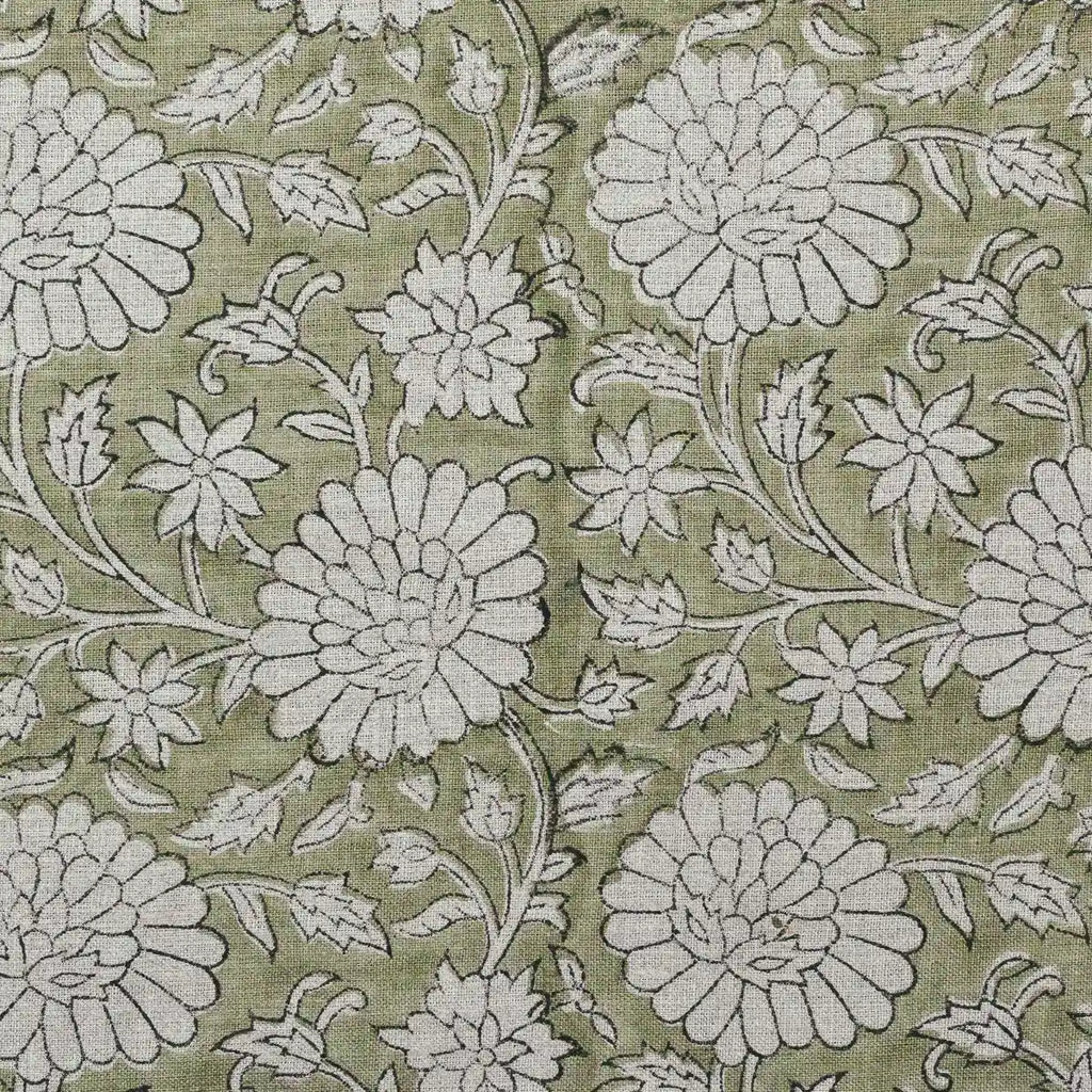 Jennifer Hand Block Printed Linen Fabric Yard Light Green Black Outline Linen Fabric