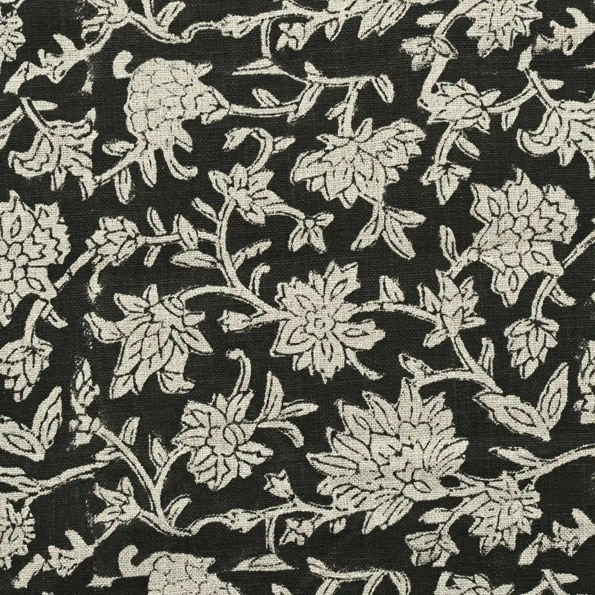 Abbey Floral Handloom Linen Yard Black Off white Linen Fabric