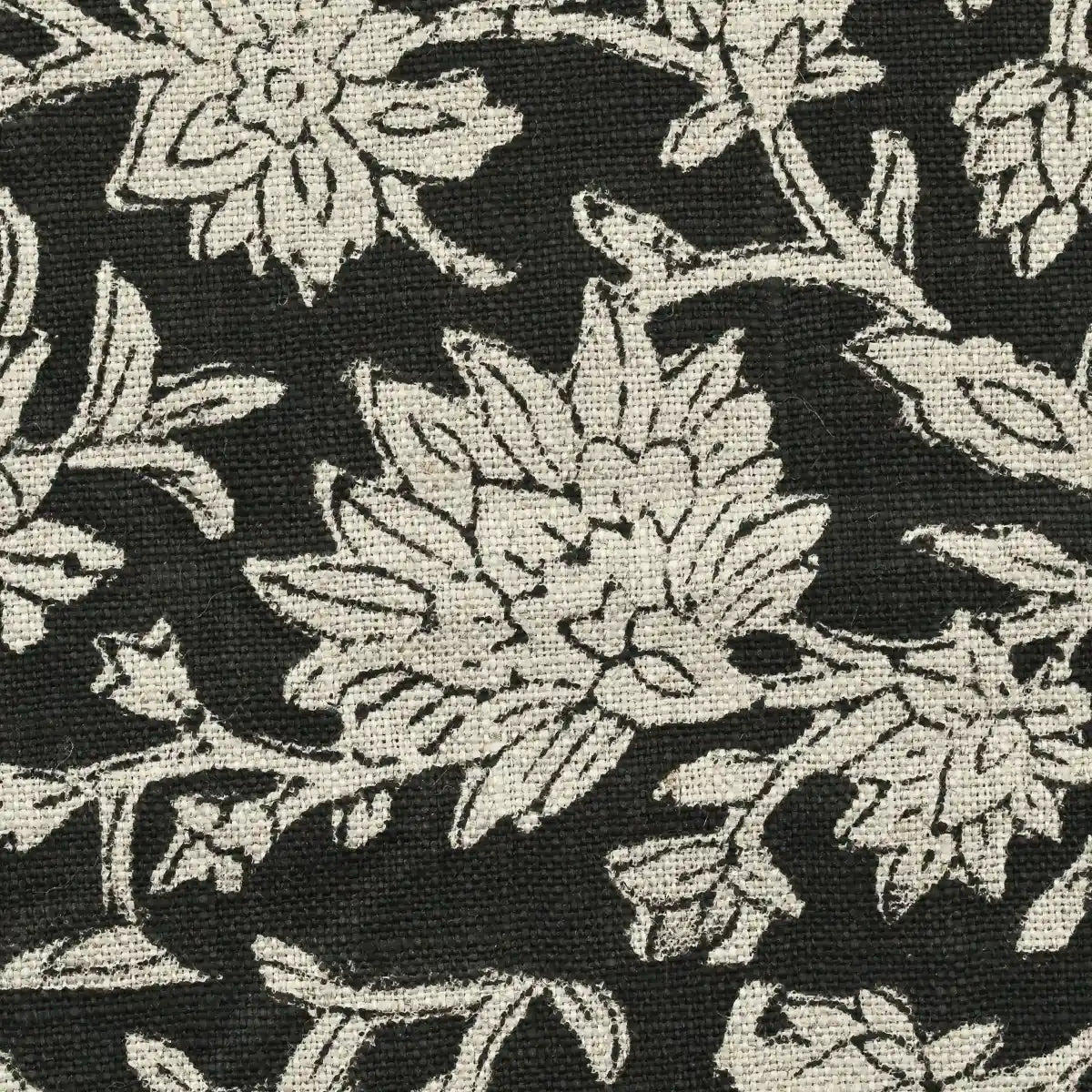 Abbey Floral Handloom Linen Swatch Black Off white Linen Fabric
