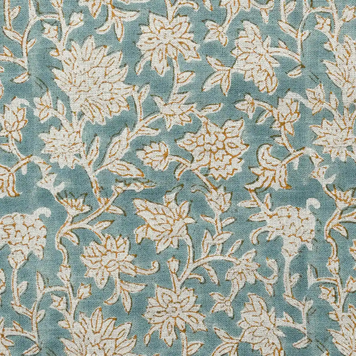 Abbey Floral Handloom Linen Yard Teal Blue Orange Outline Linen Fabric