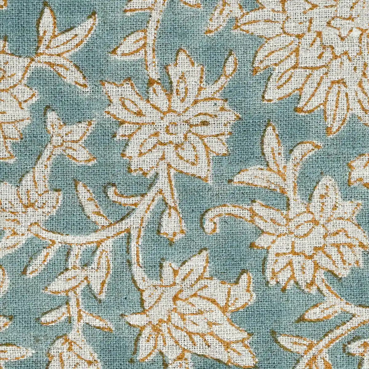 Abbey Floral Handloom Linen Swatch Teal Blue Orange Outline Linen Fabric