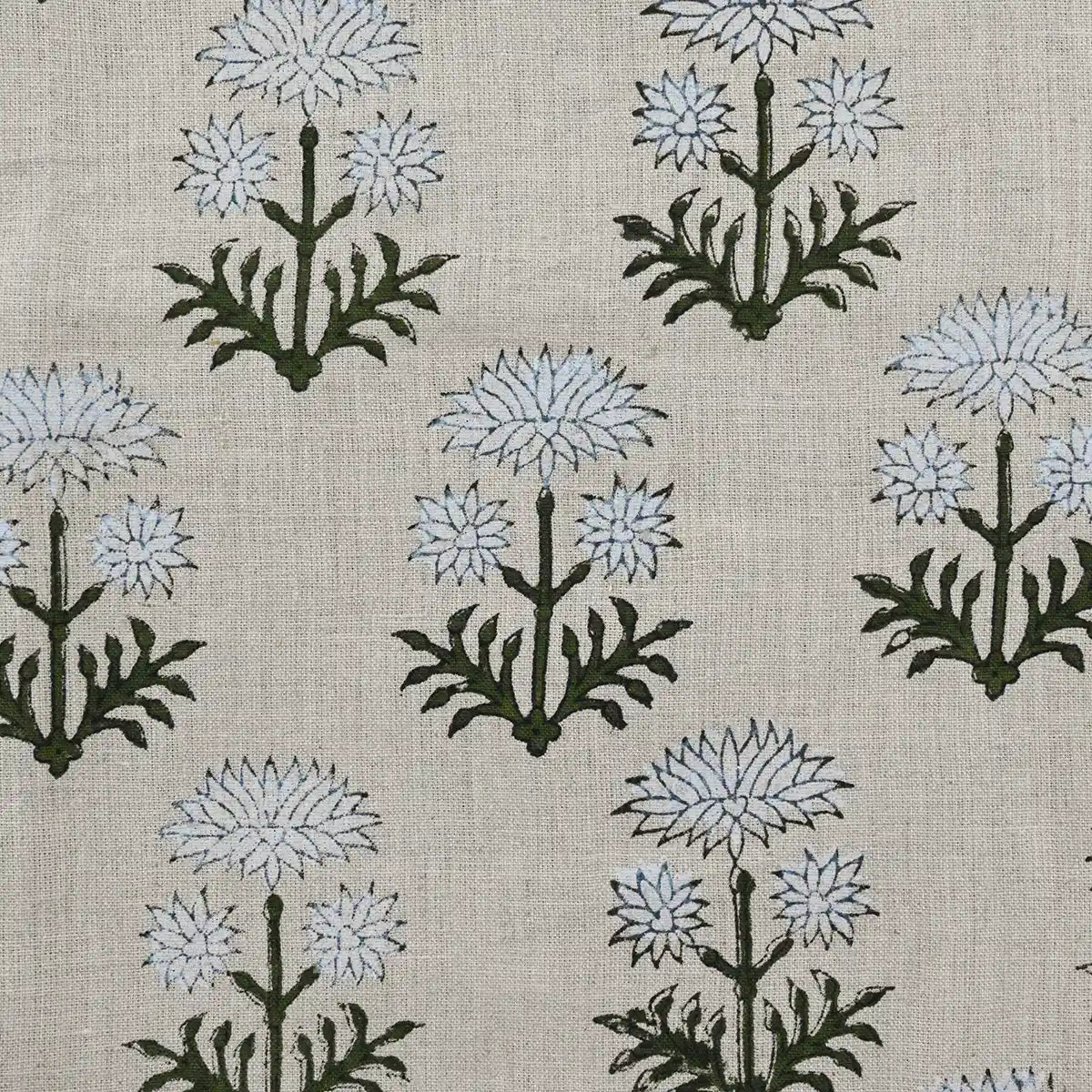 Sylvia Hand Block Printed Linen Fabric Yard White-Green Linen Fabric
